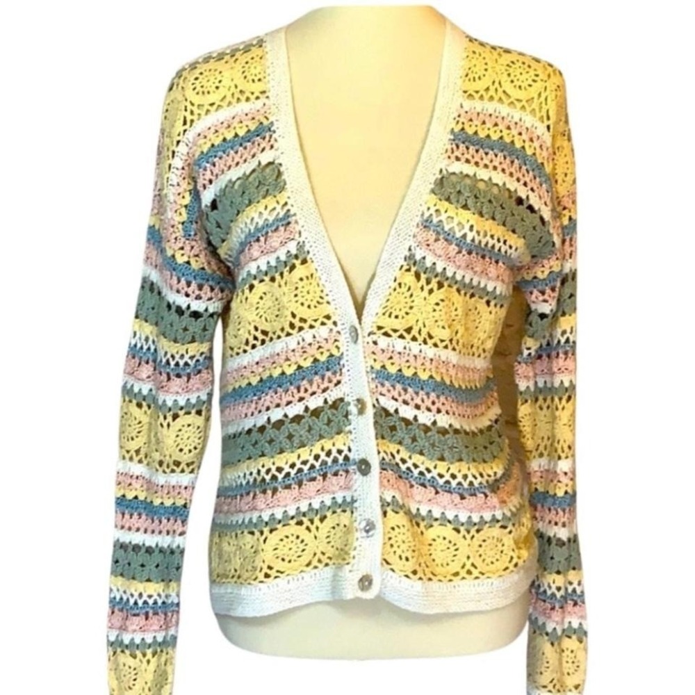 Robert Scott Ltd Crochet Cardigan Linen Blend Striped Small Boho Cottgecore